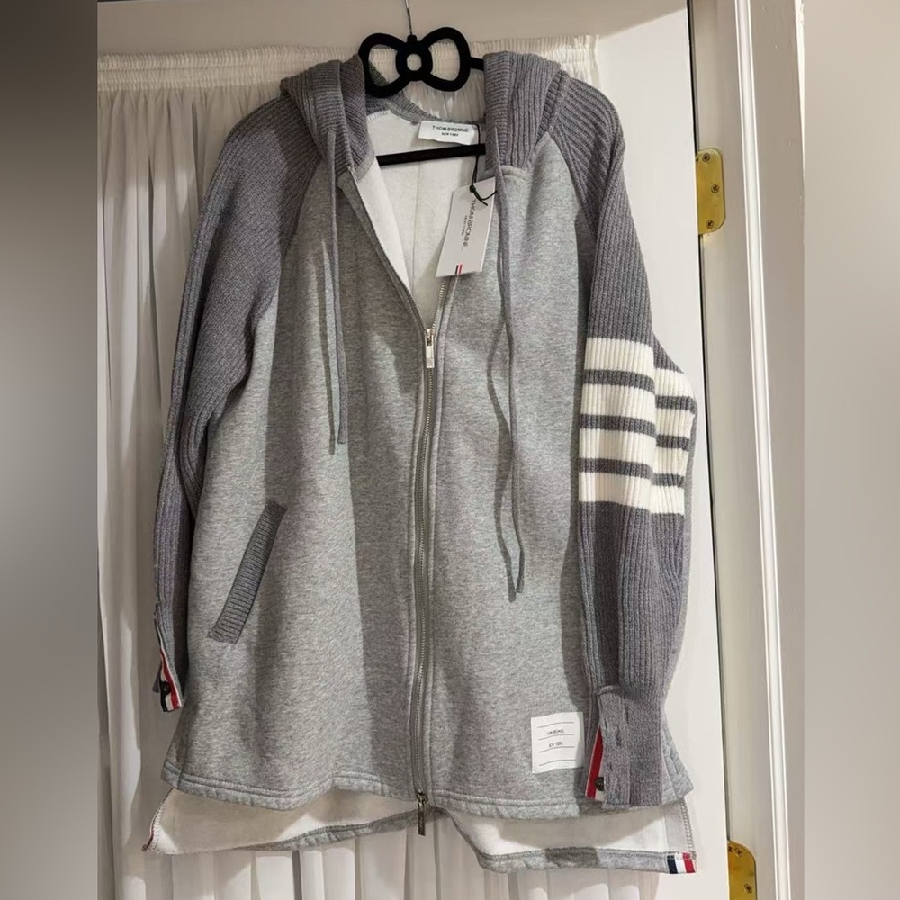 Gray Zip-Up Hoodie with Striped Sleeves